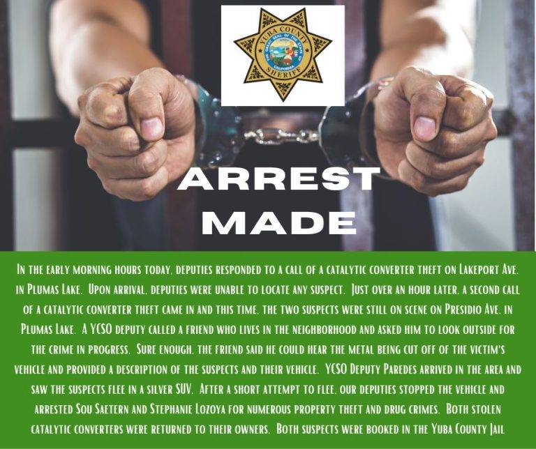 Two Arrested for Catalytic Converter Thefts in Plumas Lake