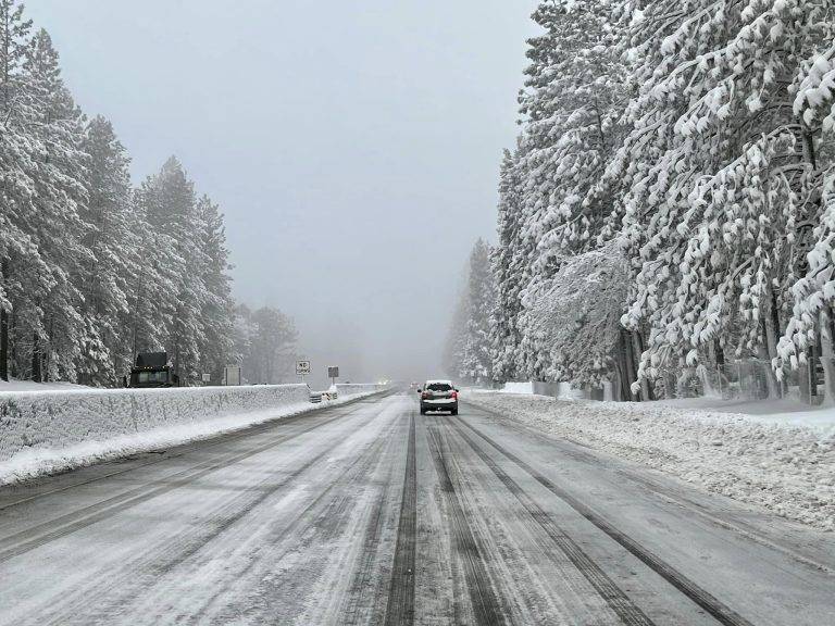 Snow In The Sierra Nevada Makes Driving Difficult