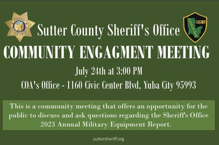 Sutter County Sheriff’s Office Meeting on Military Equipment Today – Public Invited