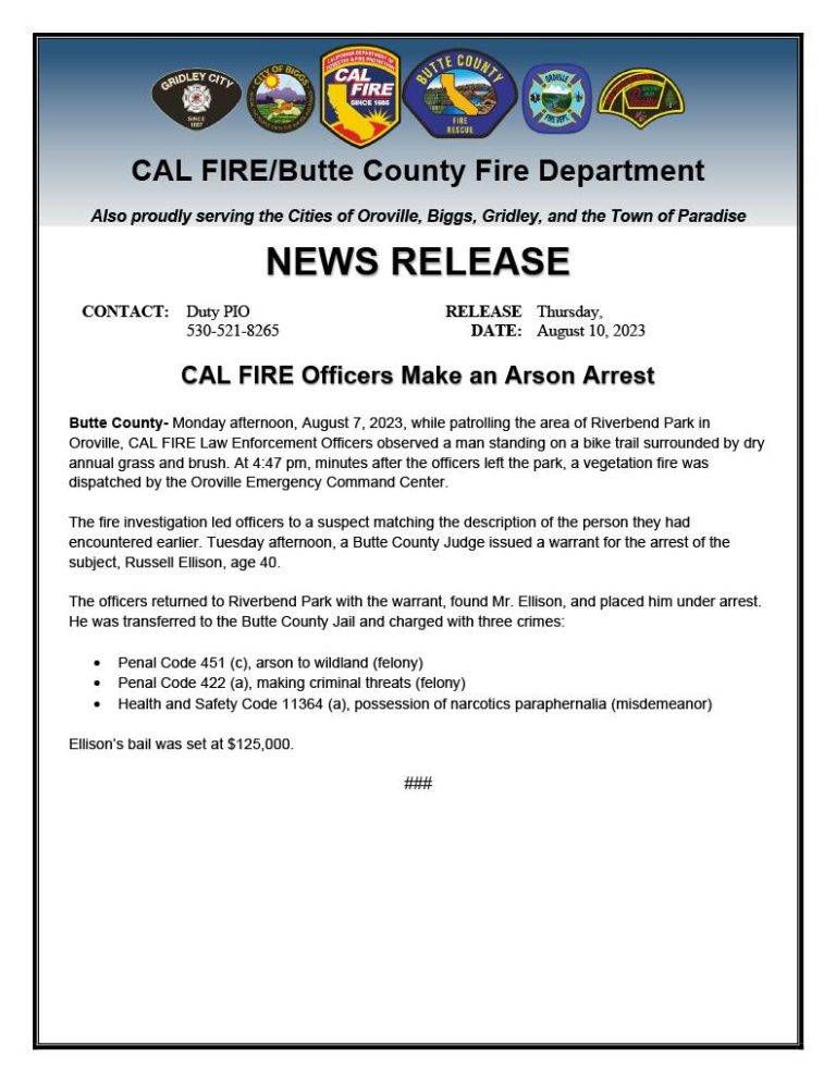 Arson Arrest in Oroville