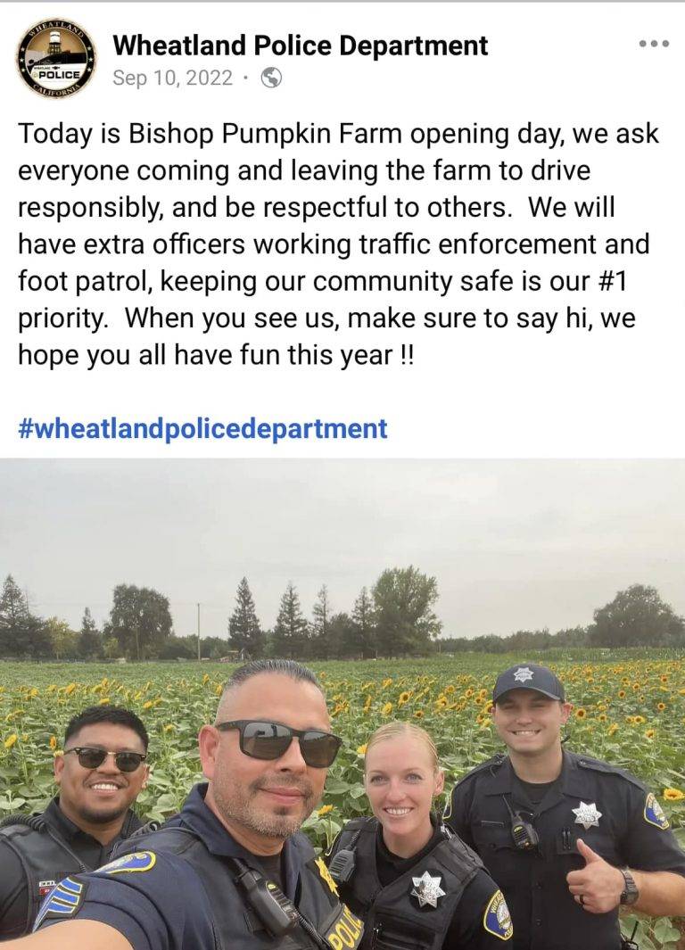 Wheatland Police Advise Caution as Bishop’s Pumpkin Farm Opens