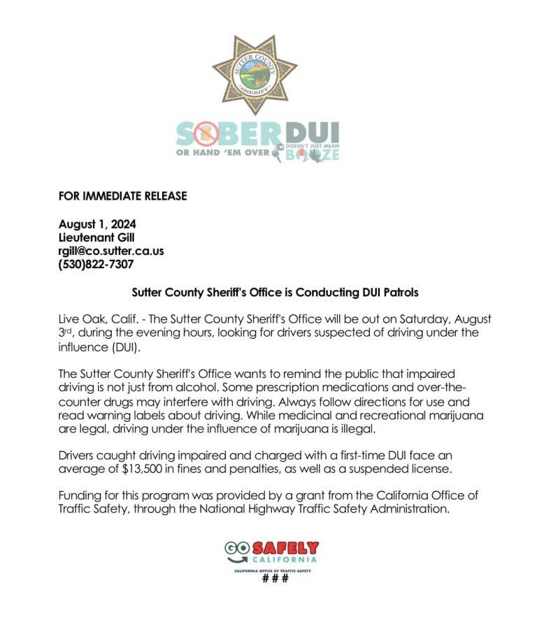 Sutter County Sheriff’s Office Conducting DUI Patrols Saturday