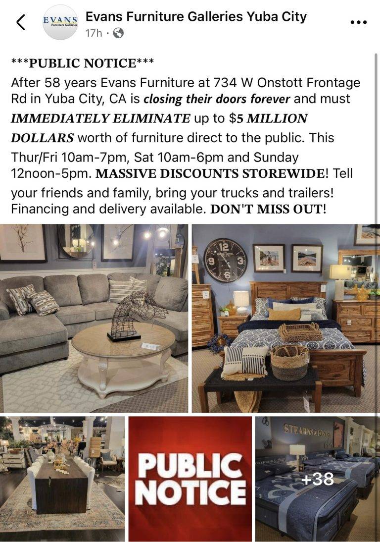 Evans Furniture Galleries in Yuba City Closing After 58 Years